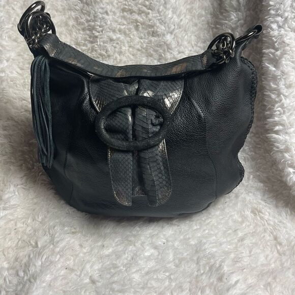 CHI By Carlos Falchi Black Leather Snake Skin  metallic strap Hobo shoul… - Picture 2 of 15